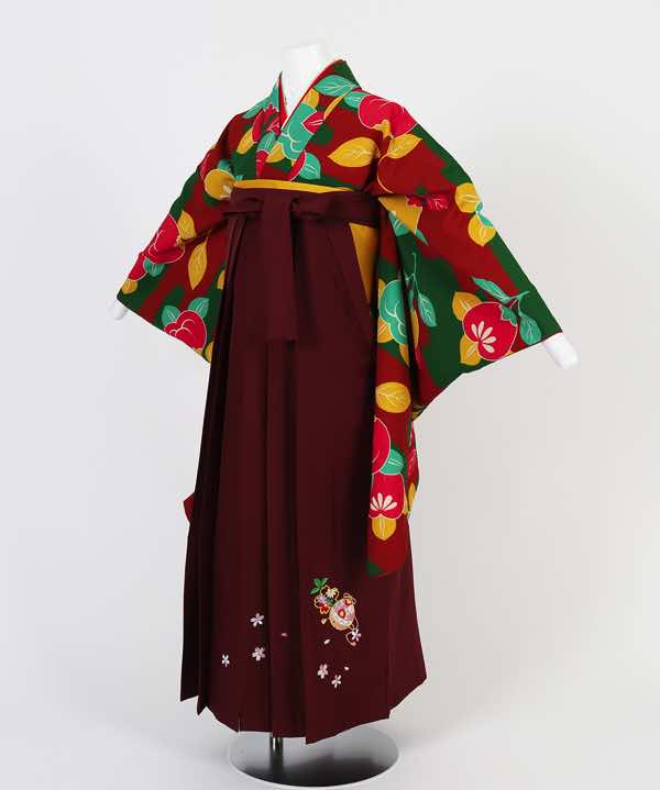 卒業式袴(小学生用)レンタル | 緑×赤 霞と橘 刺繍入り臙脂袴