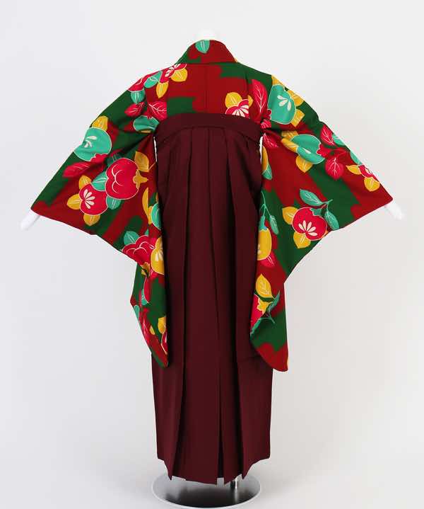 卒業式袴(小学生用)レンタル | 緑×赤 霞と橘 刺繍入り臙脂袴