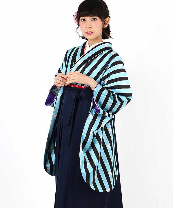 卒業式袴レンタル | 水色地に黒縞と桜柄 紺袴