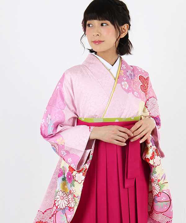 卒業式袴レンタル | ピンク地に桜柄 濃ピンク袴