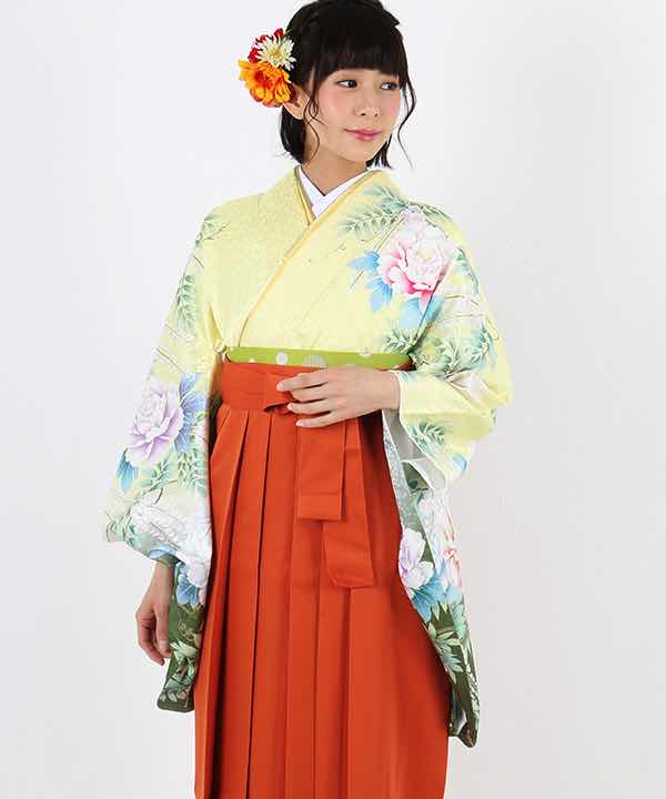 卒業式袴レンタル | 黄色地に牡丹、藤柄 オレンジ袴
