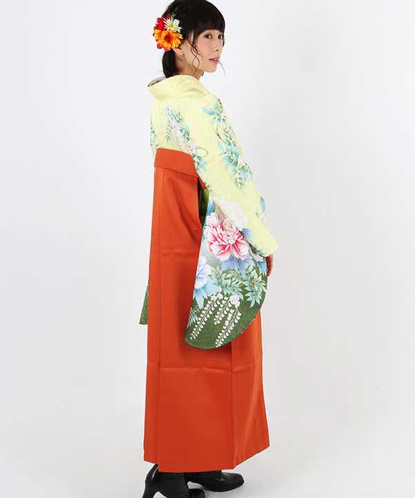 卒業式袴レンタル | 黄色地に牡丹、藤柄 オレンジ袴