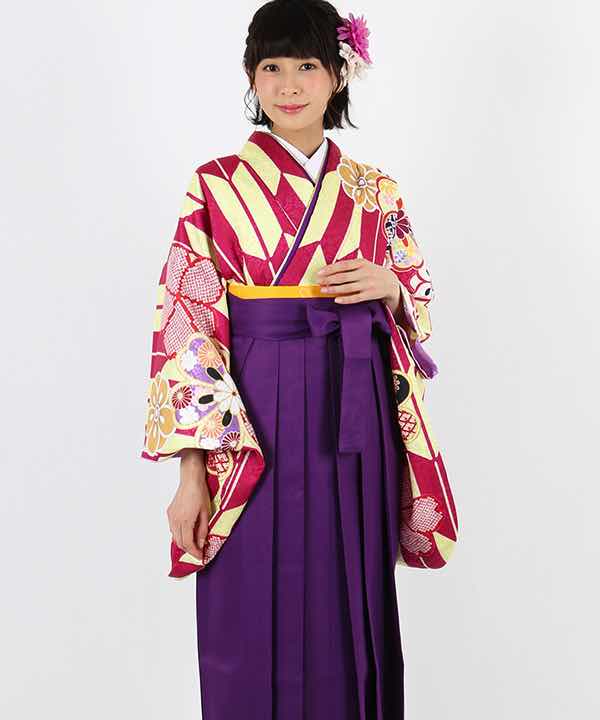 卒業式袴レンタル | 黄色地に紫矢絣と花柄 紫袴 | hataori(ハタオリ)