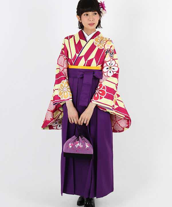 卒業式袴レンタル | 黄色地に紫矢絣と花柄 紫袴