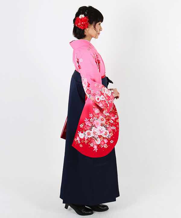 卒業式袴レンタル | ピンク地に赤暈しと花柄 紺袴