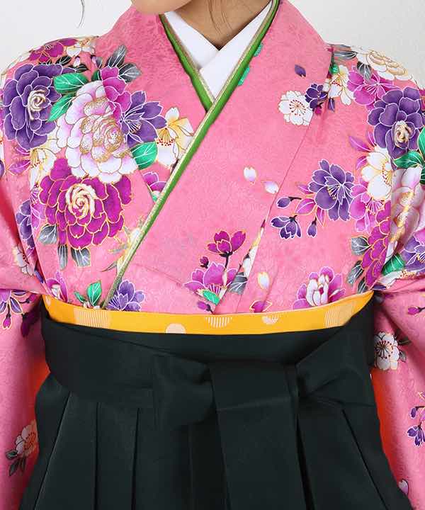 卒業式袴レンタル | ピンク地に牡丹柄 濃緑袴