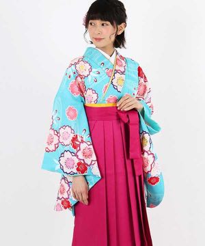 卒業式袴 | 水色地に流水文と桜柄 濃ピンク袴