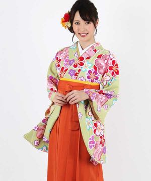 卒業式袴 | 抹茶地にポップな花柄 オレンジ袴