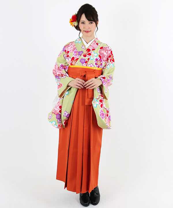 卒業式袴レンタル | 抹茶地にポップな花柄 オレンジ袴