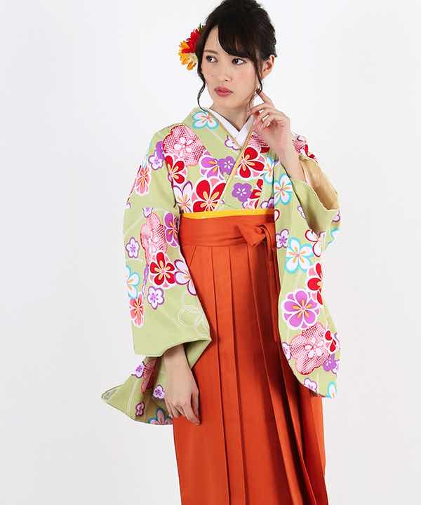 卒業式袴レンタル | 抹茶地にポップな花柄 オレンジ袴