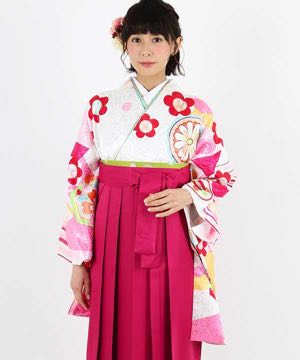 卒業式袴 | 白地に縞と花柄 濃ピンク袴