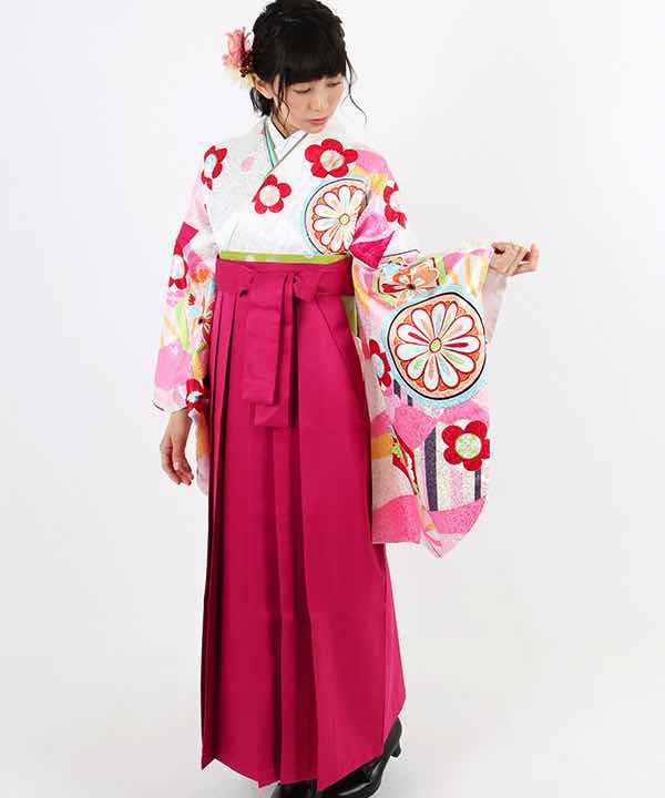 卒業式袴レンタル | 白地に縞と花柄 濃ピンク袴