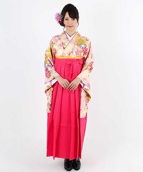 卒業式袴レンタル | 金暈しクリーム地に小花柄 濃ピンク袴
