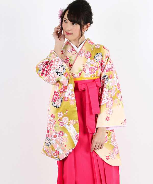 卒業式袴レンタル | 金暈しクリーム地に小花柄 濃ピンク袴 | hataori 