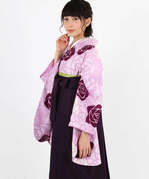 卒業式袴 | 薄ピンク地に絞り調の薔薇 濃紫袴