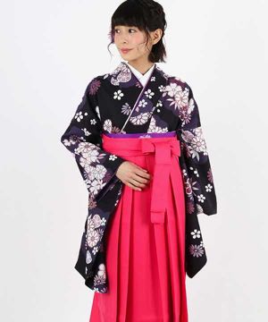 卒業式袴 | 濃紫地に菊と桜 濃ピンク袴