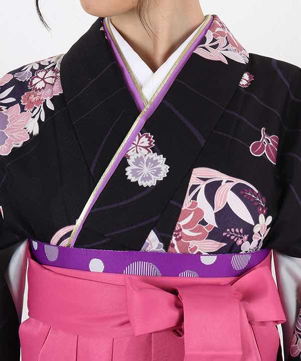 卒業式袴レンタル | 濃紫地に花丸文 ピンク袴