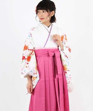 卒業式袴 | 白地にカラフルな花柄 ピンク袴