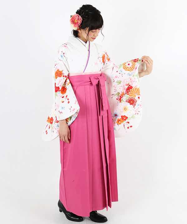 卒業式袴レンタル | 白地にカラフルな花柄 ピンク袴