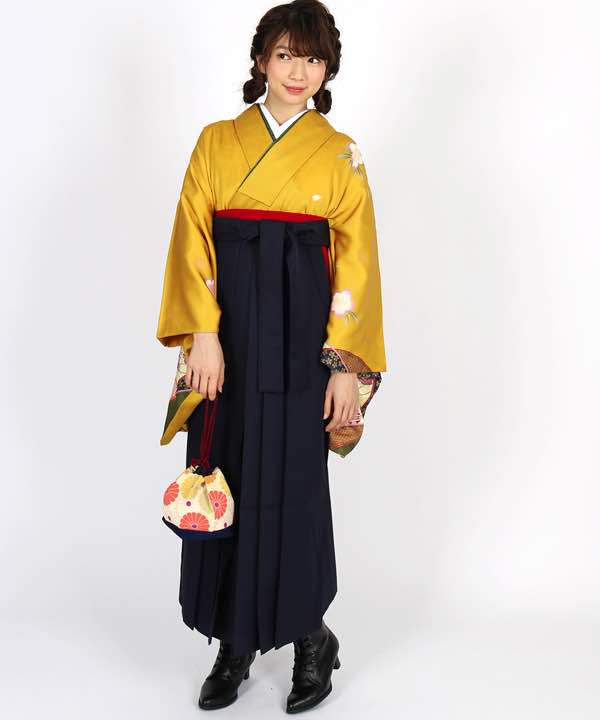 卒業式袴レンタル | 黄色地に桜と鞠 濃紺袴
