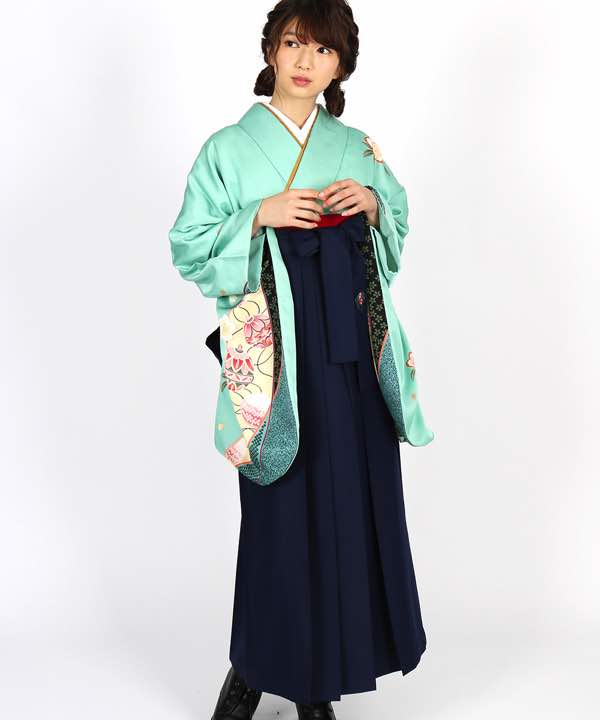 卒業式袴レンタル | 浅葱色地に桜の花 濃紺袴