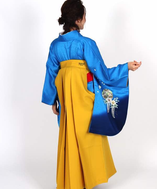 卒業式袴レンタル | 青地に濃暈し 鞠と藤 黄色袴