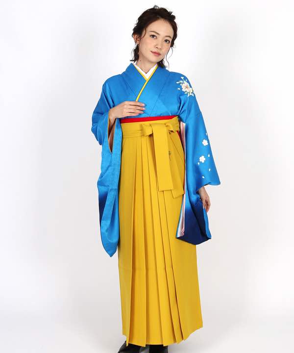 卒業式袴レンタル | 青地に濃暈し 鞠と藤 黄色袴