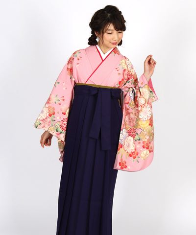 卒業式袴 | ピンク地 雲取りに桜と菊 紫袴