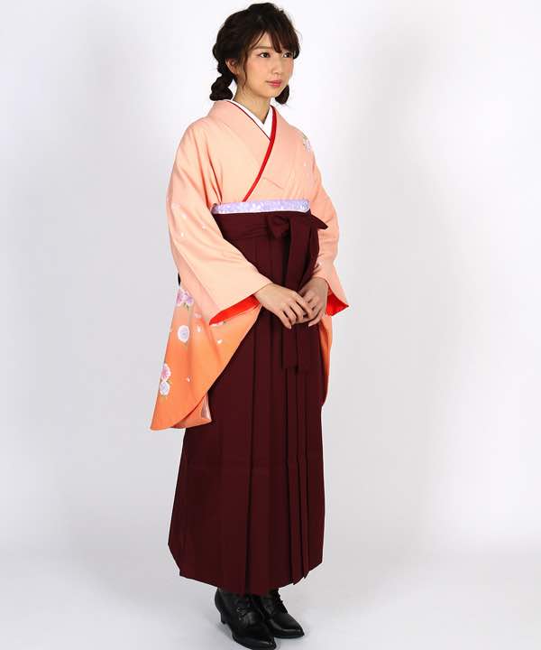 卒業式袴レンタル | 薄サーモンピンク地に八重桜 臙脂袴