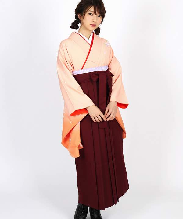 卒業式袴レンタル | 薄サーモンピンク地に八重桜 臙脂袴