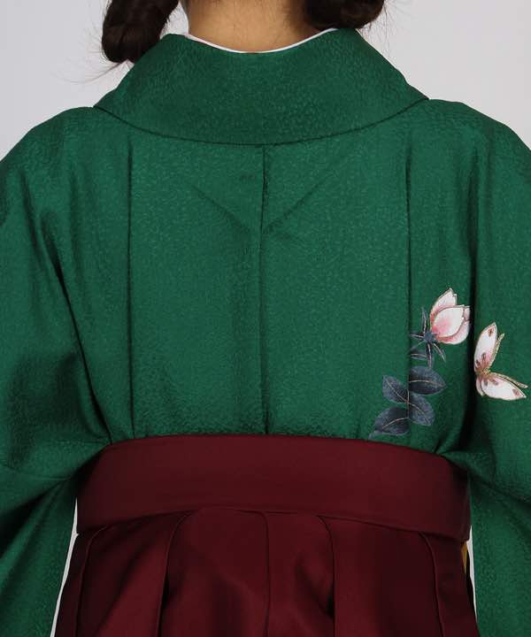 卒業式袴レンタル | 緑地に薔薇と蝶 臙脂袴
