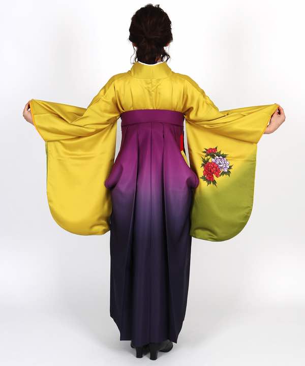 卒業式袴レンタル | 黄色地に鶯色暈しと牡丹 グラデーション紫袴