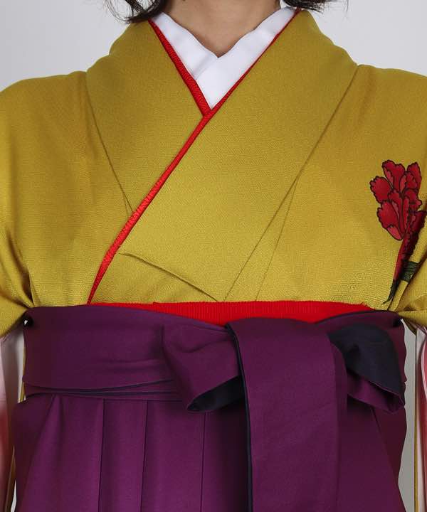 卒業式袴レンタル | 黄色地に鶯色暈しと牡丹 グラデーション紫袴