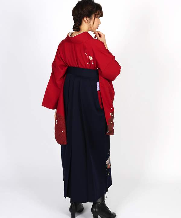 卒業式袴レンタル | 赤地に桜と雪輪 花丸文の紺袴
