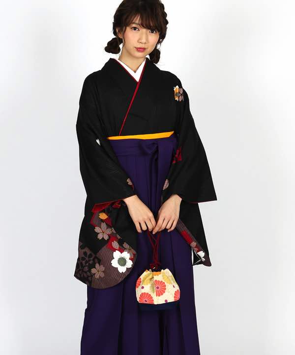 卒業式袴レンタル | 黒地に桜と四角形 紫袴