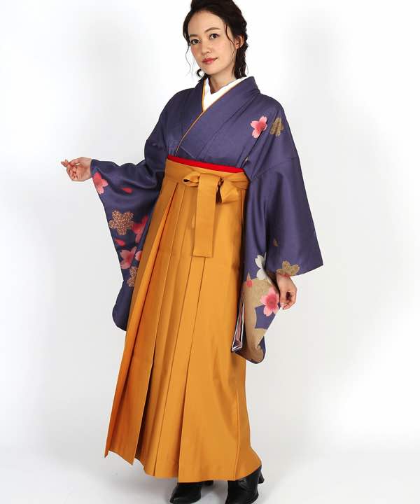 卒業式袴レンタル | 青紫地に桜とシルエット 黄土色袴