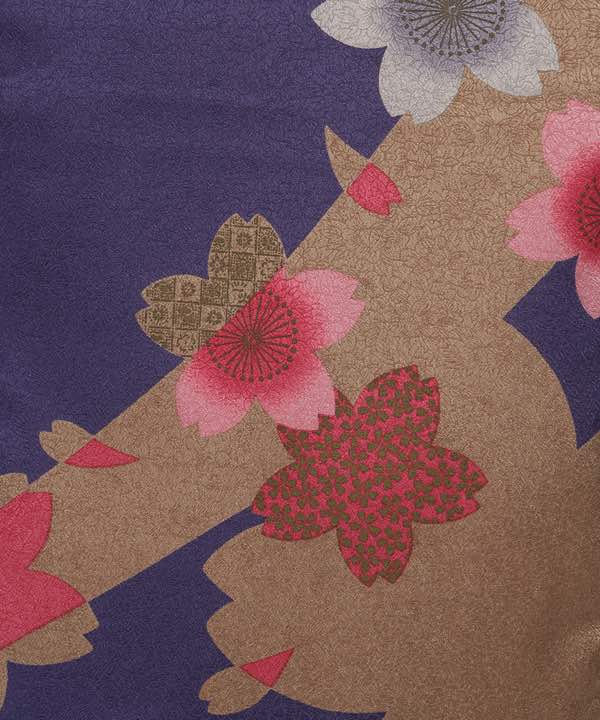 卒業式袴レンタル | 青紫地に桜とシルエット 黄土色袴