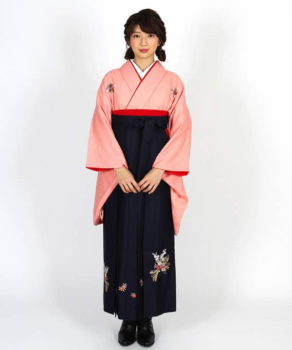 卒業式袴レンタル | ピンク地に花丸文 花と熨斗の濃紺袴