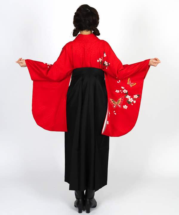 卒業式袴レンタル | 赤地に桜と蝶 花と熨斗の黒袴