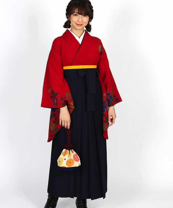 卒業式袴レンタル | 赤地に桜の枝 濃紺袴