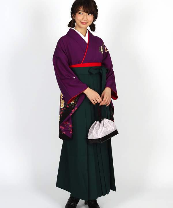 卒業式袴レンタル | 紫地に薔薇と蝶 濃緑袴