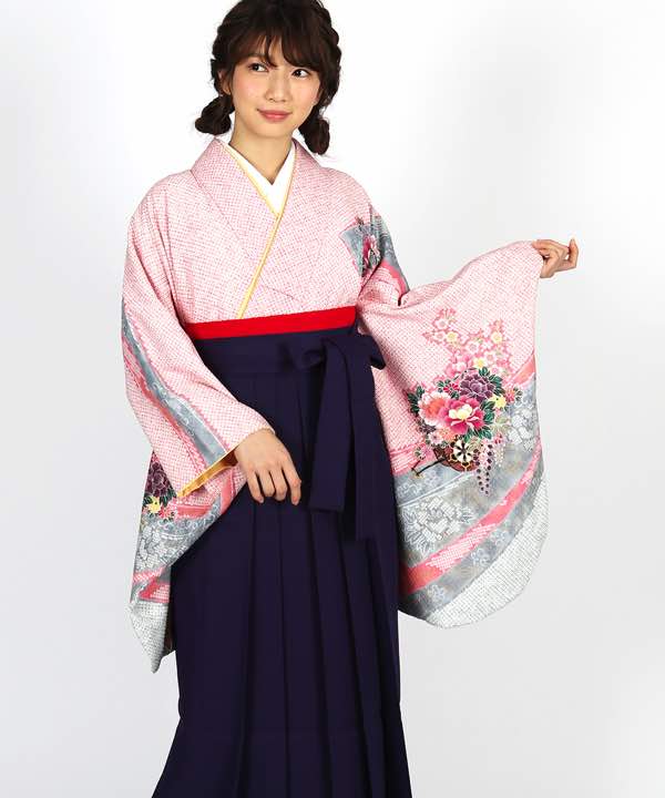 卒業式　着物＆袴❤︎着物新品　白地　しぼり風　グレー系　紫袴　(220)