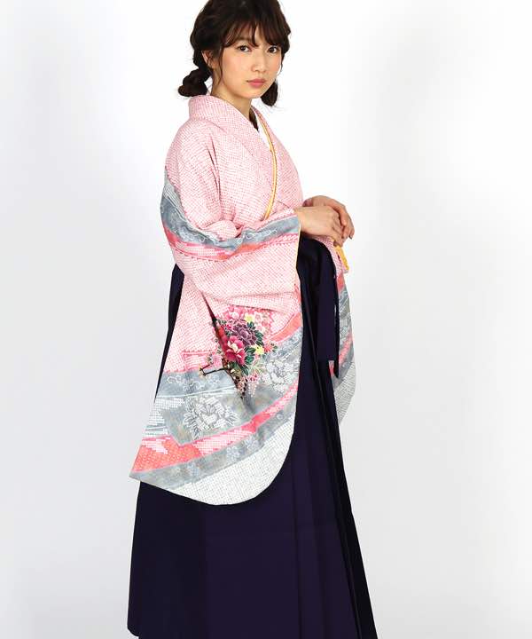 卒業式袴レンタル | 総絞り風ピンク地に花車 紫袴