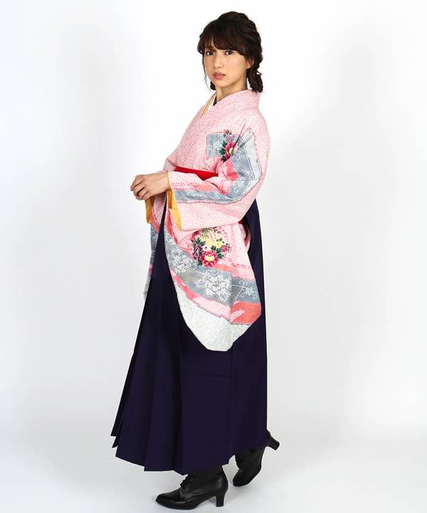 卒業式袴レンタル | 総絞り風ピンク地に花車 紫袴 | hataori(ハタオリ)