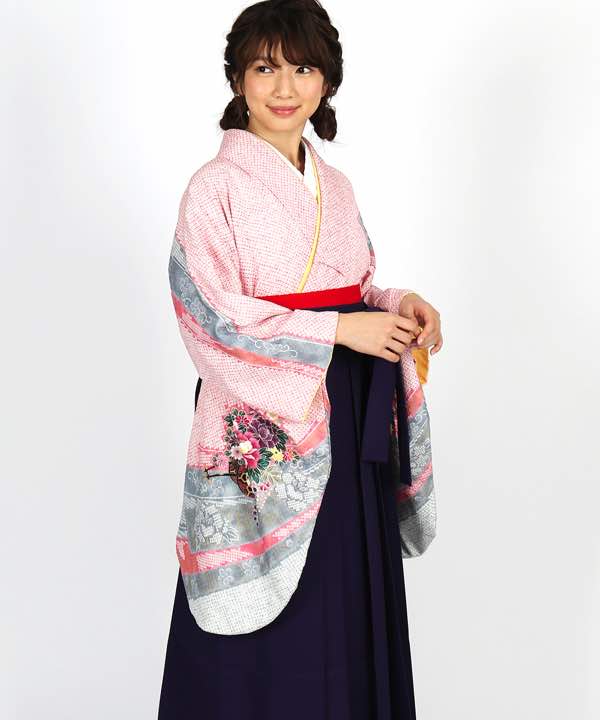 卒業式袴レンタル | 総絞り風ピンク地に花車 紫袴