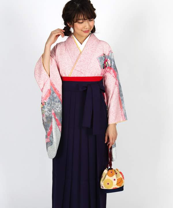 卒業式袴レンタル | 総絞り風ピンク地に花車 紫袴 | hataori(ハタオリ)