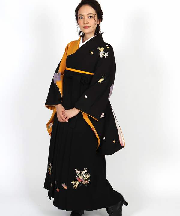 卒業式袴レンタル | 黒×黄に桜 花と熨斗の黒袴
