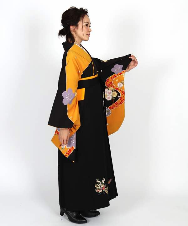 卒業式袴レンタル | 黒×黄に桜 花と熨斗の黒袴