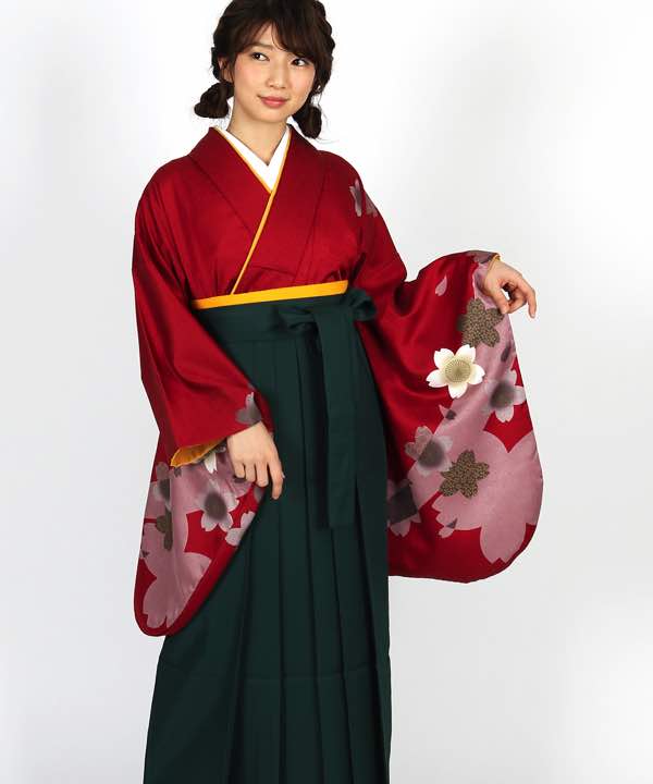 卒業式袴レンタル | 赤地に桜とシルエット 緑袴 | hataori(ハタオリ)