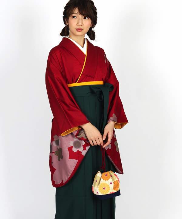 卒業式袴レンタル | 赤地に桜とシルエット 緑袴